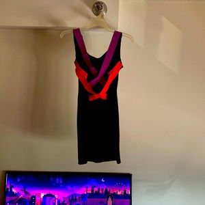 Black mini dress with purple and orange criss cross design